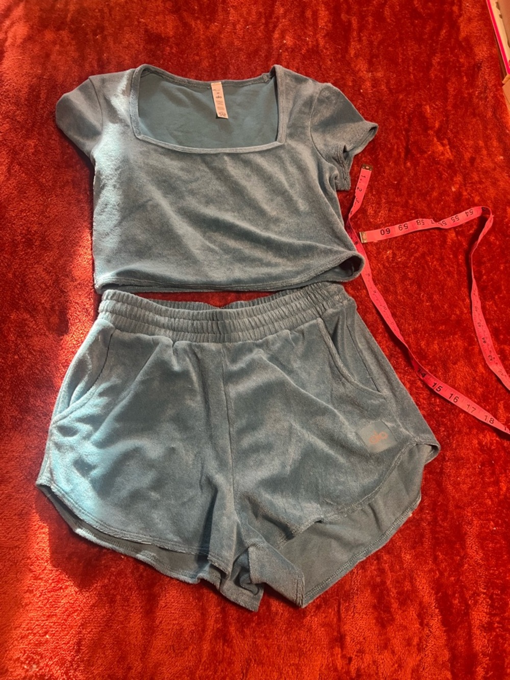 ALO Blue Velour Lounge beachside terrycloth set topsize med / bottoms size sm